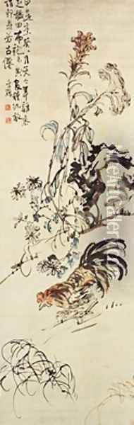 A Chicken Cockscomb and Chrysanthemum handscroll inscribed with a poem Oil Painting - Shan Li