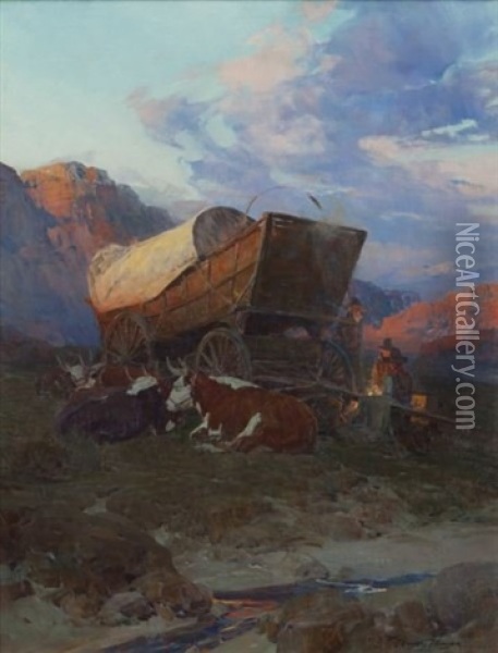 Camp On The Overland Trail Oil Painting - Frank Tenney Johnson