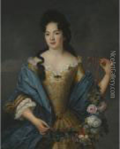 Portrait Of A Lady, Half Length,
 Wearing An Embroidered Dress Witha Blue Shawl, Holding A Garland Of 
Flowers Oil Painting - Nicolas de Largillierre
