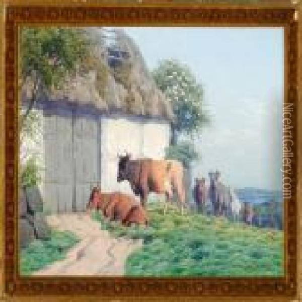 A Farmer Is Driving Hiscattle On A Cliff Oil Painting - Carl Frederick Bartsch