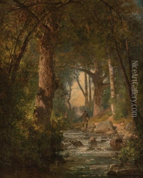 Fishing In A Woodland Stream Oil Painting - Thomas Hill