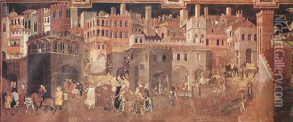 Effects of Good Government on the City Life (detail-1) 1338-40 Oil Painting - Ambrogio Lorenzetti