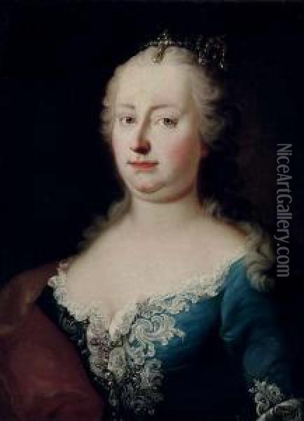Portrait Of Empress Maria 
Theresa Von Habsburg, Bust-length, In A Silver Embroidered Blue Dress 
And A Red And Gold Wrap Oil Painting - Ircle Of Martin Van Mytens