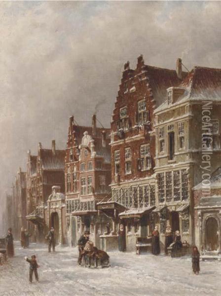 Winter: A Sunlit Street In A Dutch Town Oil Painting - Pieter Gerard Vertin