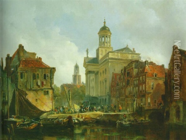 A Capriccio View Of Utrecht With The St. Augustinus Church And The Dom Tower Beyond Oil Painting - Johannes Bosboom