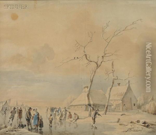 Animated Winter Scene With Skaters Oil Painting - Johannes Cornelius Haccou