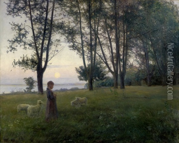 Abendstimmung An Einem See Mit Madchen Und Schafen Oil Painting - Knud Erik Larsen