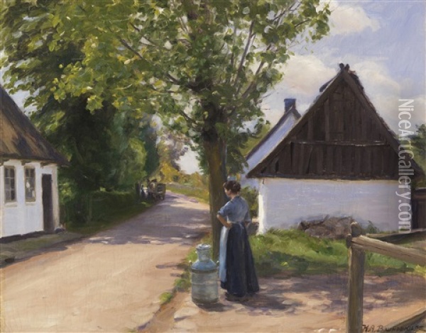 Danische Dorfstrase Mit Bauerin Und Milchmann Oil Painting - Hans Andersen Brendekilde