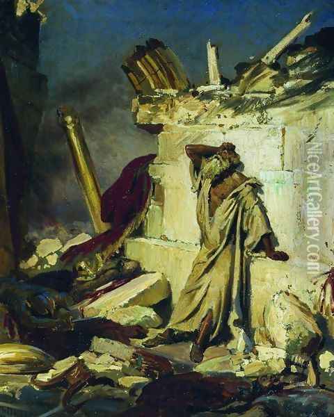 Cry of prophet Jeremiah on the Ruins of Jerusalem (on a Bible subject) Oil Painting - Ilya Efimovich Efimovich Repin