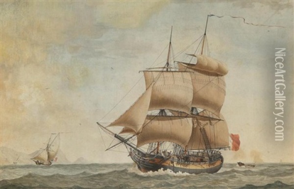 A Brig In Company With Other Shipping Off A Headland Oil Painting - Antoine Roux