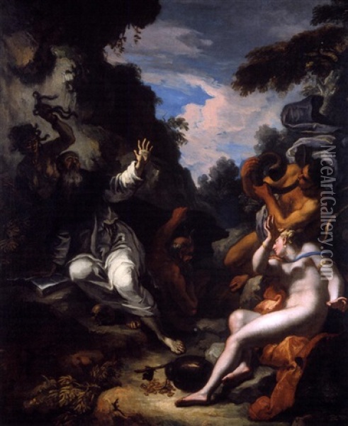 Die Versuchung Des Hl. Antonius Oil Painting - Girolamo Brusaferro