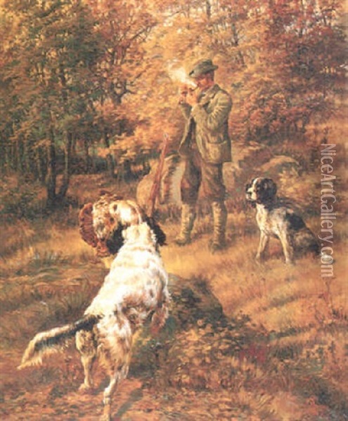 Two Hunting Dogs With Man Lighting Pipe Oil Painting - Edmund Henry Osthaus