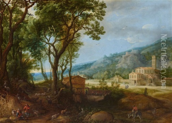 Wooded Landscape With A Church And Castle Oil Painting - Adriaen Van Stalbemt