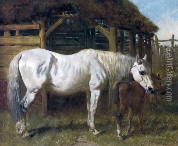 A Grey Mare and Chestnut Foal by a Stable 1853 Oil Painting - John Frederick Herring Snr