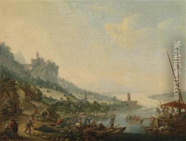 A River Landscape With A Ferry Boat And Acastle On A Hill Oil Painting - Louis Chalon