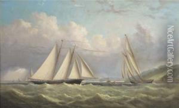 Racing Schooners Rounding The 
Turning Mark In Osborne Bay With Norris Castle Above And Ryde Oil Painting - Arthur Wellington Fowles