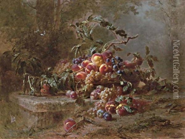 Still Life With Fruits On A Stone Ledge Oil Painting - Emile Gustave Couder