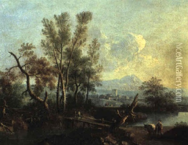 River Landscape With A Man And His Mule Oil Painting - Giovanni Battista Cimaroli