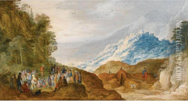 Mountainous Landscape With Saint John The Baptist Preaching Oil Painting - Joos De Momper
