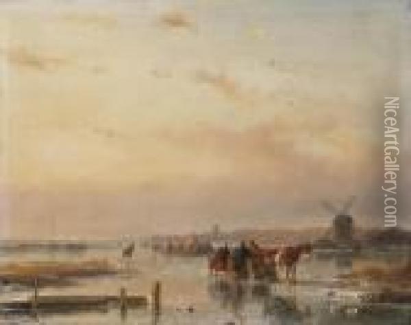 Gathered On The Ice At The End Of A Winter's Day Oil Painting - Andreas Schelfhout