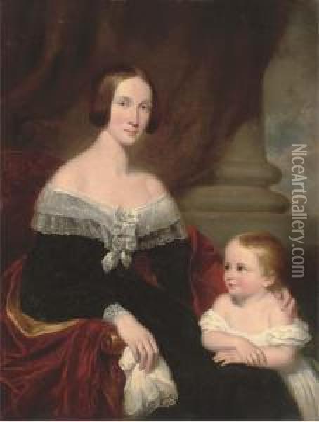 Portrait Of A Mother And Child, Seated Three-quarter-length, Themother In A Black Dress With Lace Trim And A Red Cloak, The Childin A White Dress, In An Interior Oil Painting - W.R. Waters