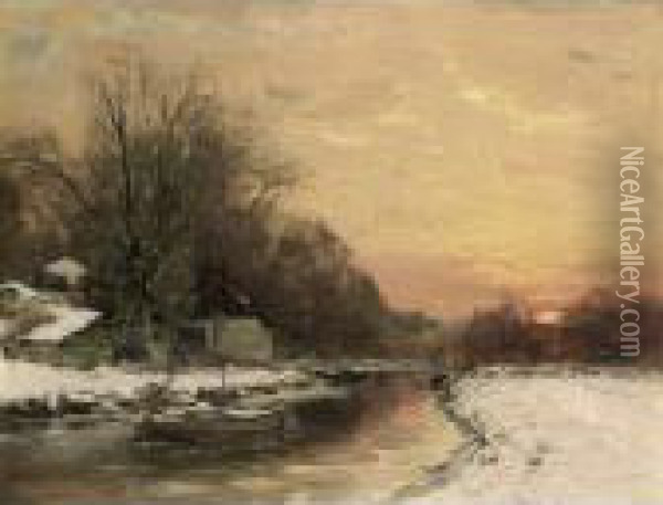 A Winter Landscape At Dusk Oil Painting - Louis Apol