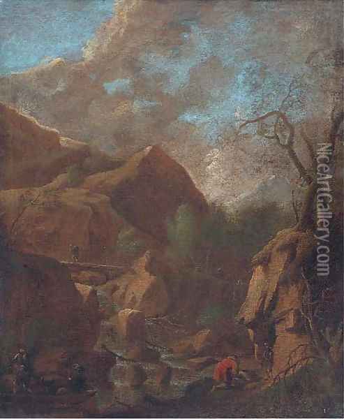 Figures by a cascade Oil Painting - Salvator Rosa