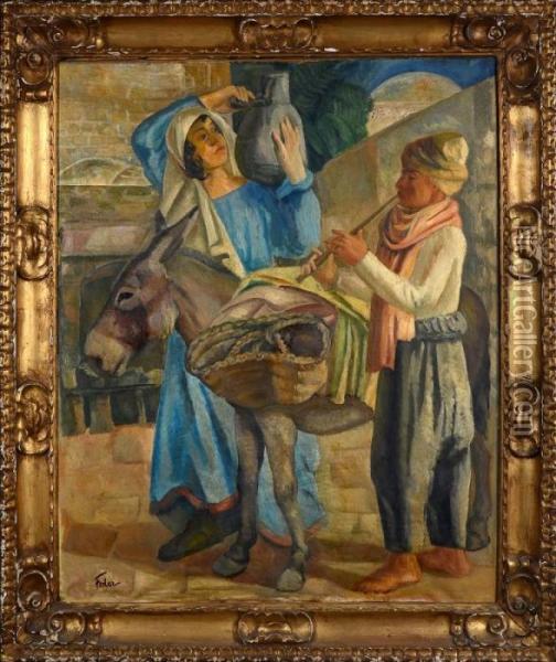 Porteuse D'eau Et Musicien Oil Painting - Adolphe Feder