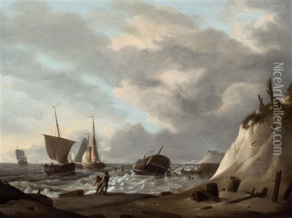 Beach View With Sailors Oil Painting - Johannes Hermanus Koekkoek
