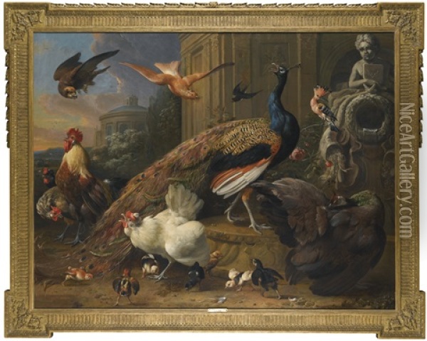 A Peacock And Peahen, Together With A Cockerel And Other Poultry, A Swallow, Pigeon And Hoopoe Beside A Fountain In A Garden, All Disturbed By The Arrival Of A Falcon Oil Painting - Melchior de Hondecoeter