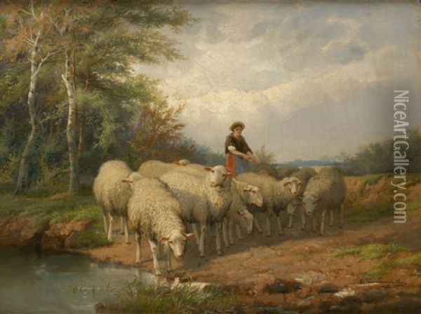 Les Moutons Au Bord Du Gue Oil Painting - Cornelis van Leemputten