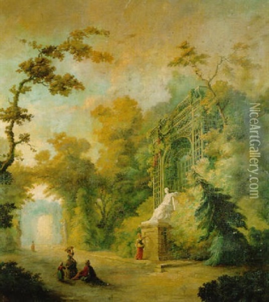 A Garden Landscape With Maids By A Statue Before An Arbour Oil Painting - Jean-Honore Fragonard