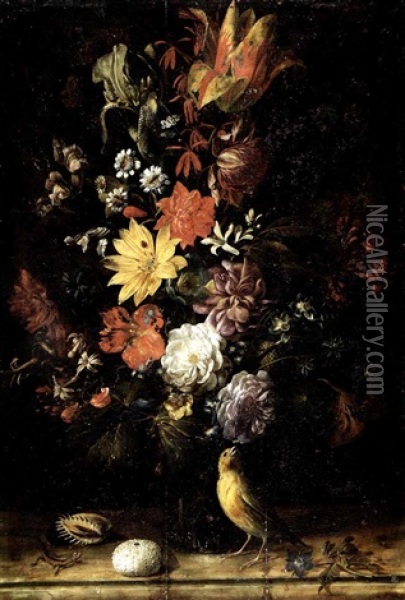 Blumenstilleben Mit Kanarienvogel Oil Painting - Johann Adalbert Angermayer