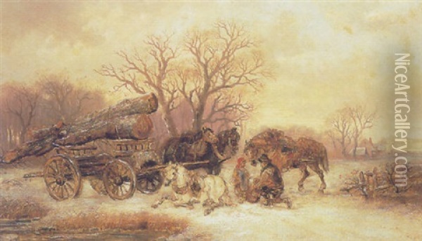 Woodgatherers In The Snow Oil Painting - Alexis de Leeuw