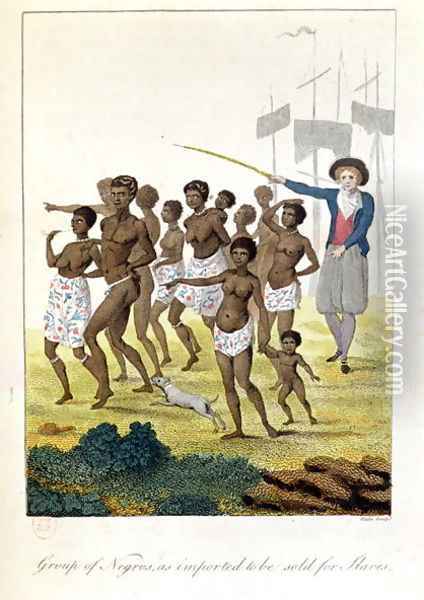 Group of negroes imported to be sold for Slaves in 1793, from Narrative of a Five Years Expedition against the Revolted Negroes of Surinam, by J.G. Stedman, 1796 Oil Painting - John Gabriel Stedman