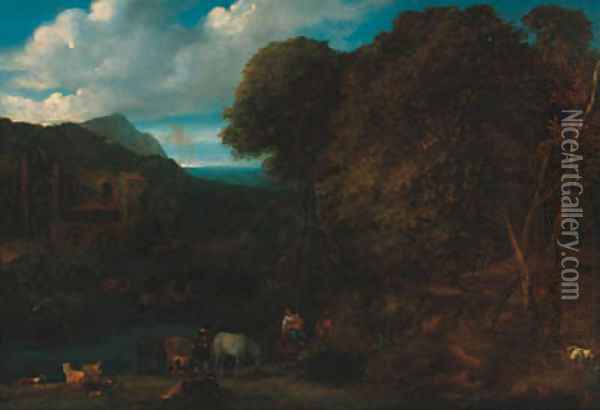 A wooded river landscape with peasants on a track, a ruin beyond Oil Painting - Jan Baptist Huysmans