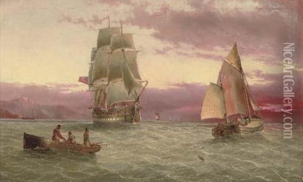 A Royal Naval Two-decker Running Down The Channel Off Cornwall At Dusk Oil Painting - Henry Redmore