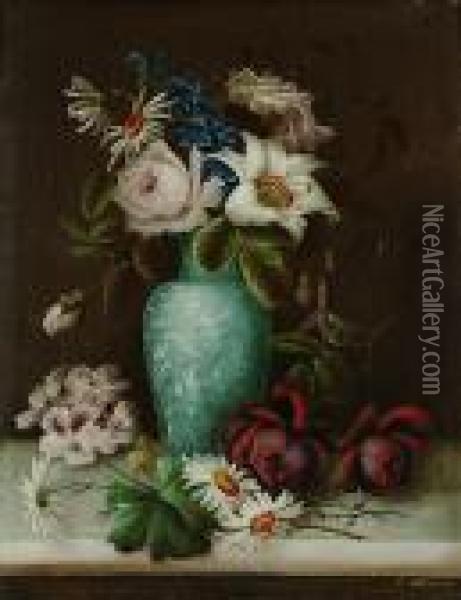 Still Life Of Flowers Displayed In A Vase On A Ledge Oil Painting - Edwin Steele