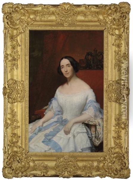 Portrait Of Helena, Baronne Fould, In A White Dress With Blue Ribbon Oil Painting - Hippolyte Jean Flandrin