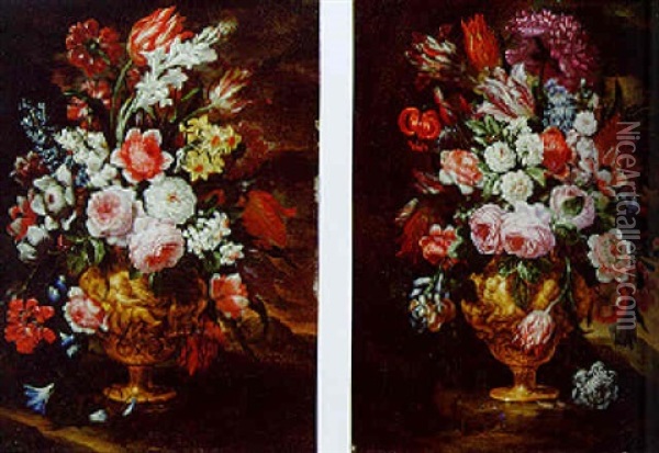 Roses, Tulips, Narcissi And Other Flowers In Terracotta Vases Oil Painting - Giuseppe Recco