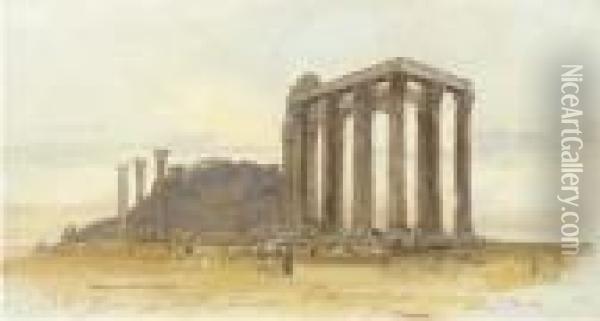 The Temple Of Olympian Zeus With The Acropolis Beyond, Athens Oil Painting - Edward Lear