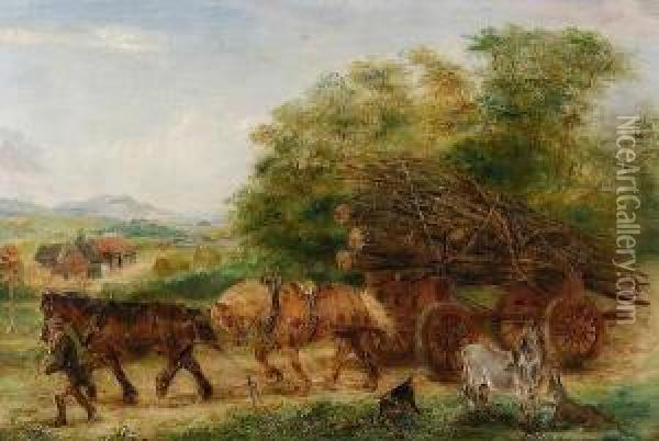 Two Horses Drawing A Timber Wagon Oil Painting - George Thomas Rope