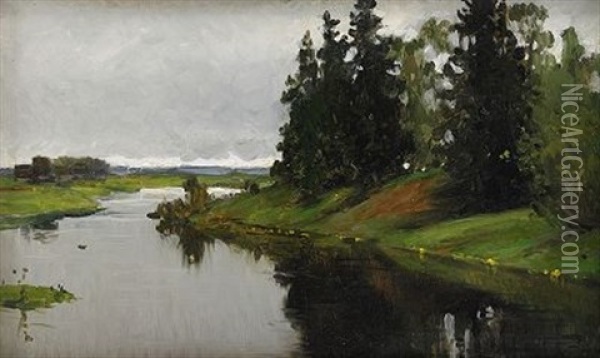 River Landscape Oil Painting - Alexandr Vladimirovich Makovsky
