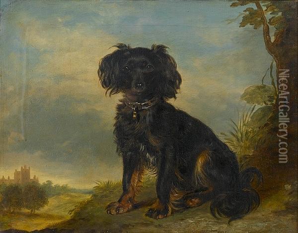 A Toy Terrier In A Landscape With A Baronial Hall In The Distance Oil Painting - Gourlay Steell