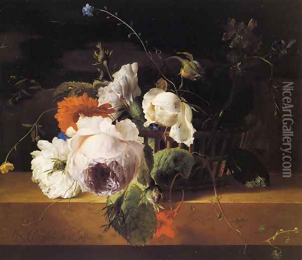 Roses, Carnations, and Assorted Wildflowers in a Basket on a Marble Ledge Oil Painting - Arthur Chaplin