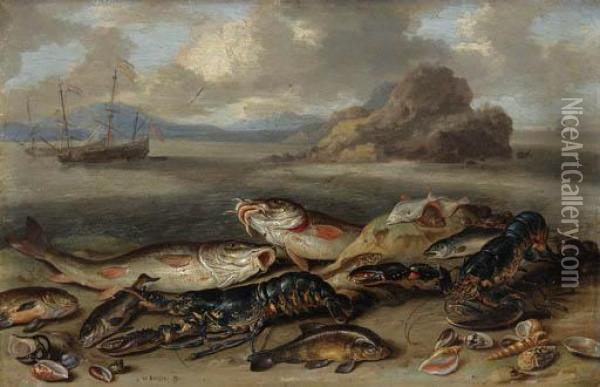 Lobsters, Red Mullet, Halibut, 
Flounder And Other Fish, With Sea Shells On A Beach, Shipping Beyond Oil Painting - Jan van Kessel