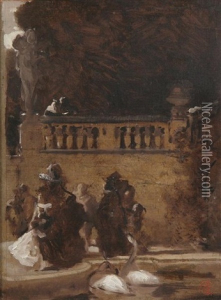 Figures Along Balustrade In Paris Park Oil Painting - Pierre-Victor Galland