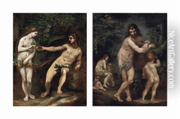 Adam And Eve (+ The Family Of Adam And Eve; Pair) Oil Painting - Francesco (Cecco Bravo) Montelatici