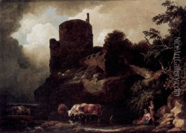 Landscape With Cattle Watering And Figures By A Castle Oil Painting - Philip James de Loutherbourg