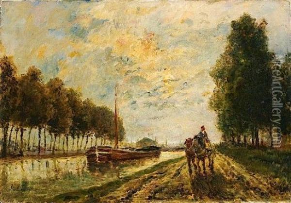 Le Canal De L'ourcq, Chemin De Halage - Effet De Lune Oil Painting - Stanislas Lepine